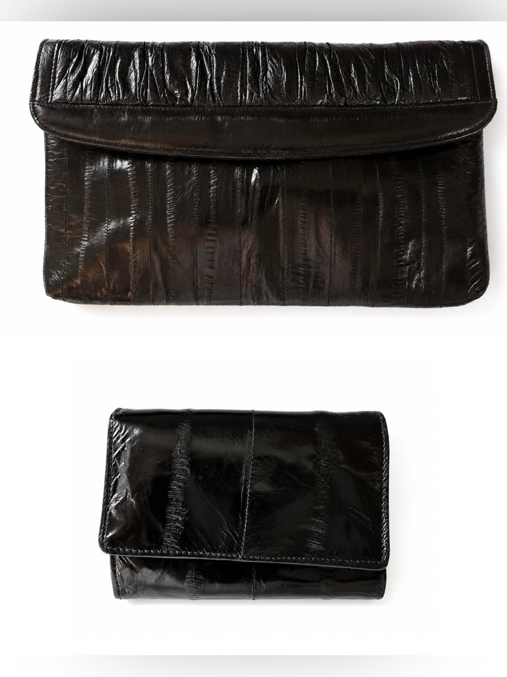 Vintage Black eel skin Leather Clutch and Wallet Set.